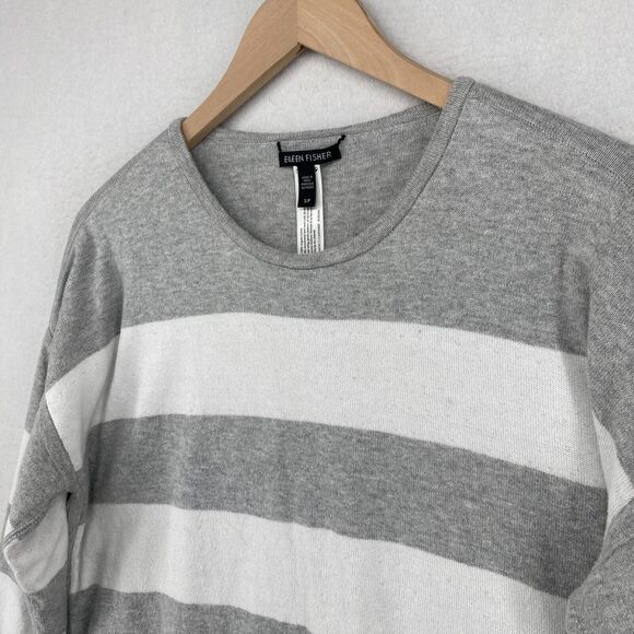 EILEEN FISHER Sweater S Organic Cotton Striped Reversible Pullover Gray White - Picture 5 of 14